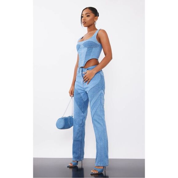 PLT NWT 2 Pc Dipped Hem Denim Top & Contrast Seam Straight Leg Jeans - Picture 1 of 16